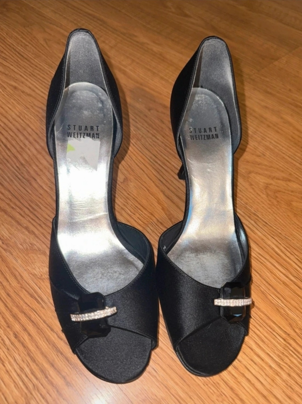 Stuart Weitzman Black Satin Open-Toe D'Orsay Heels with Rhinestone Buckle